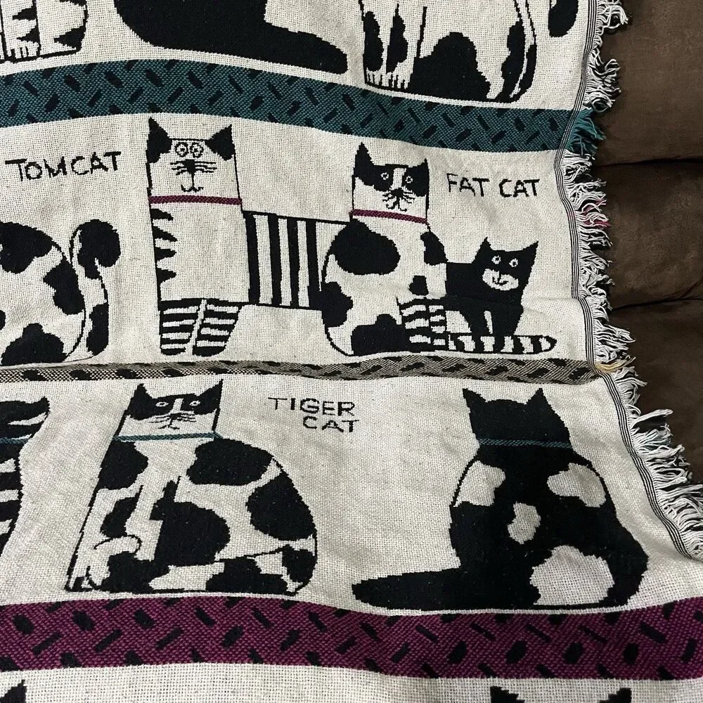 Crown Crafts Pat Meyers Cat Woven Throw Blanket Cotton Fringe Tapestry 60x50 USA